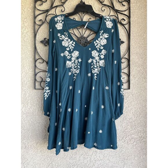 Free People Sweet Tennessee Boho Embroidered Dress - Size S- Teal Blue - Picture 5 of 12
